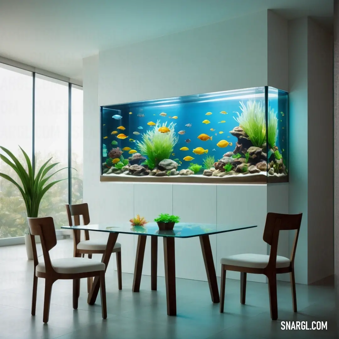 Dining room with a fish tank and chairs and a table with a fish tank on it and a plant in the corner. Example of RAL 230-6 color.