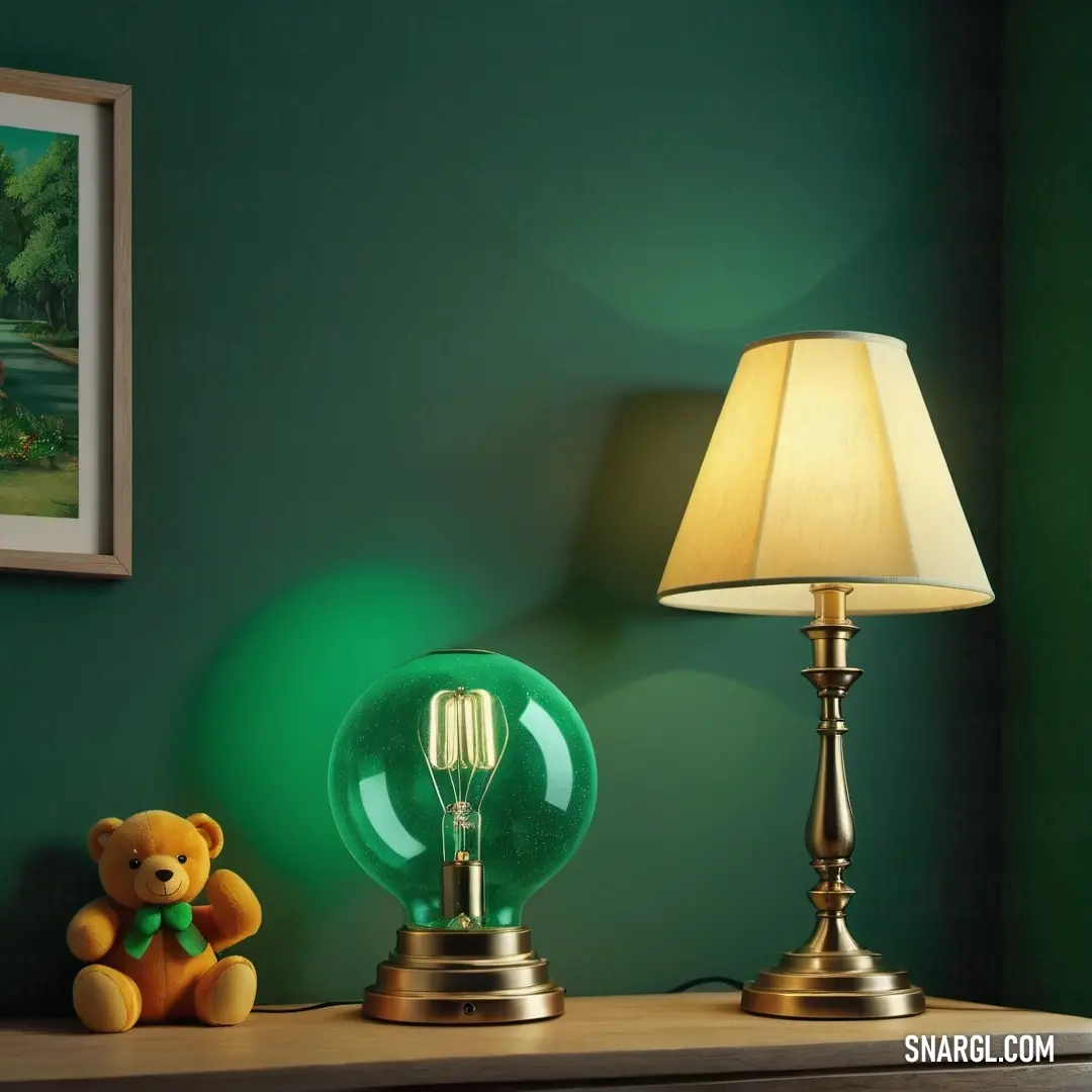 Lamp and a teddy bear on a dresser in a room with green walls. Color CMYK 86,20,100,60.