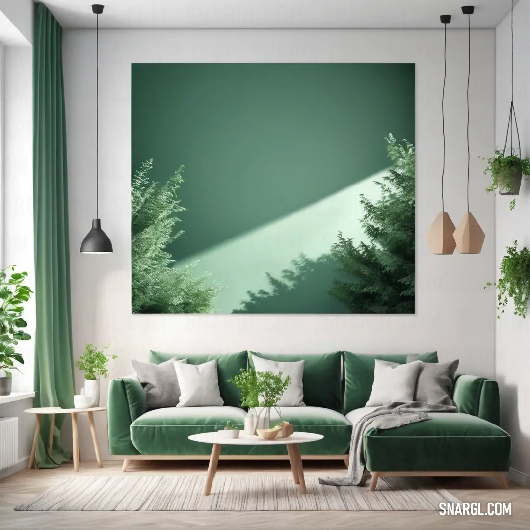 Living room with a green couch and a painting on the wall above it and a coffee table with a plant. Example of RAL 230-6 color.
