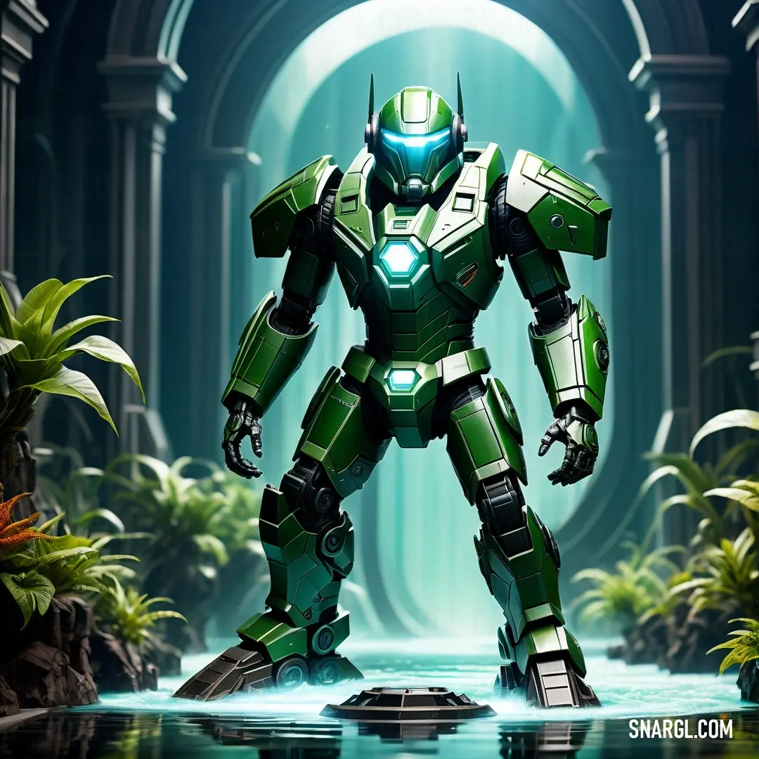 RAL 240-3 color example: Green robot standing in a tunnel with a light on it's face and a green light on his chest