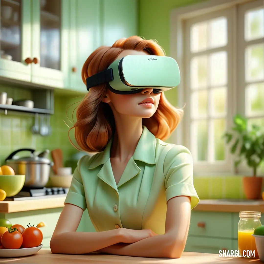 Woman in a green shirt is using a virtual reality device in a kitchen with a bowl of fruit and a plate of vegetables