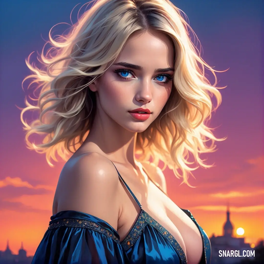 RAL 240 30 20 color. Painting of a woman with blue eyes and blonde hair in a blue dress with a city skyline in the background