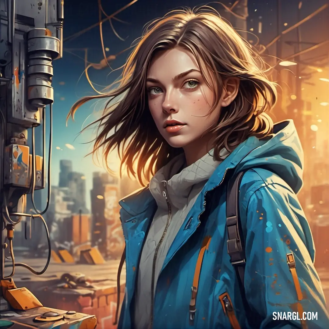 Woman in a blue jacket standing next to a machine and a cityscape in the background. Color #2C4F66.