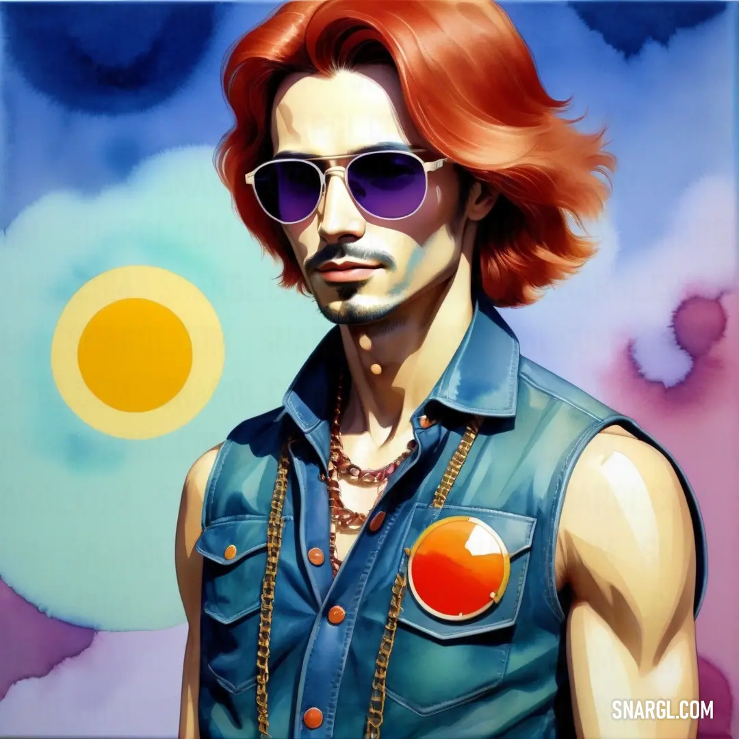 RAL 240 50 35 color example: Painting of a man with sunglasses and a blue shirt and a necklace on his neck