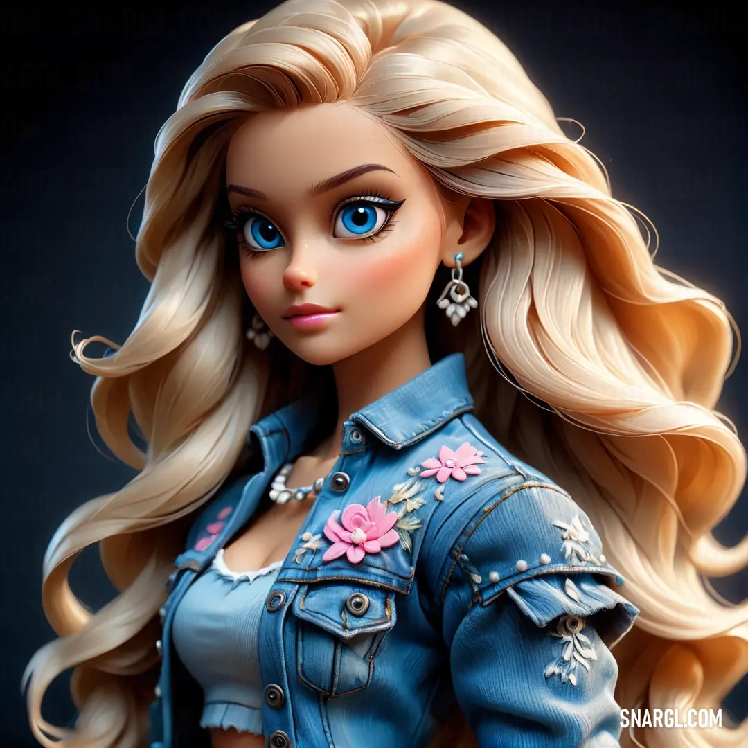 Cute doll with blonde hair and blue eyes wearing a denim jacket and earrings with a flower on the chest. Example of CMYK 78,37,8,12 color.