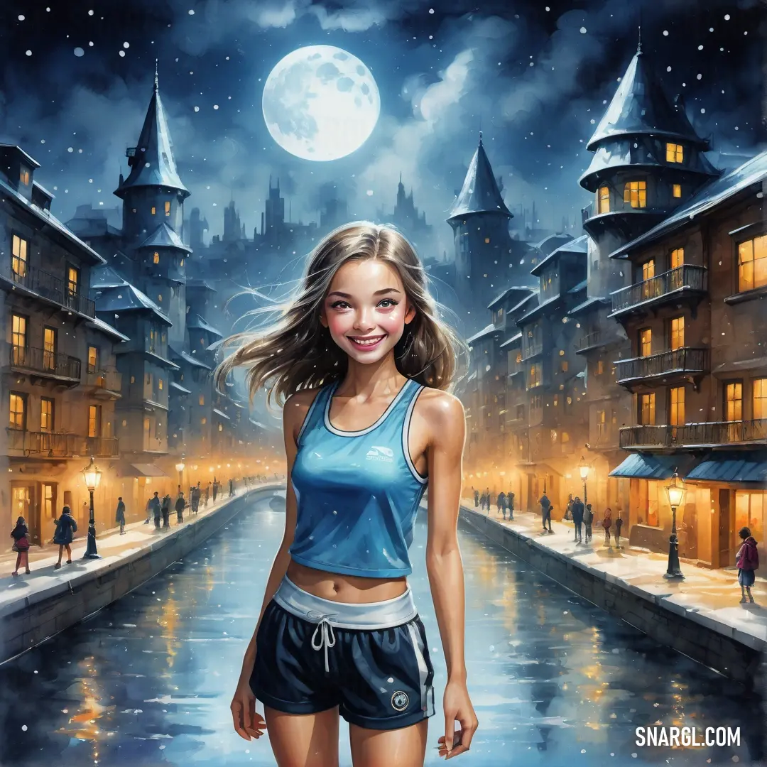 Painting of a girl in a blue tank top standing in front of a city street at night with a full moon. Example of RGB 38,122,172 color.