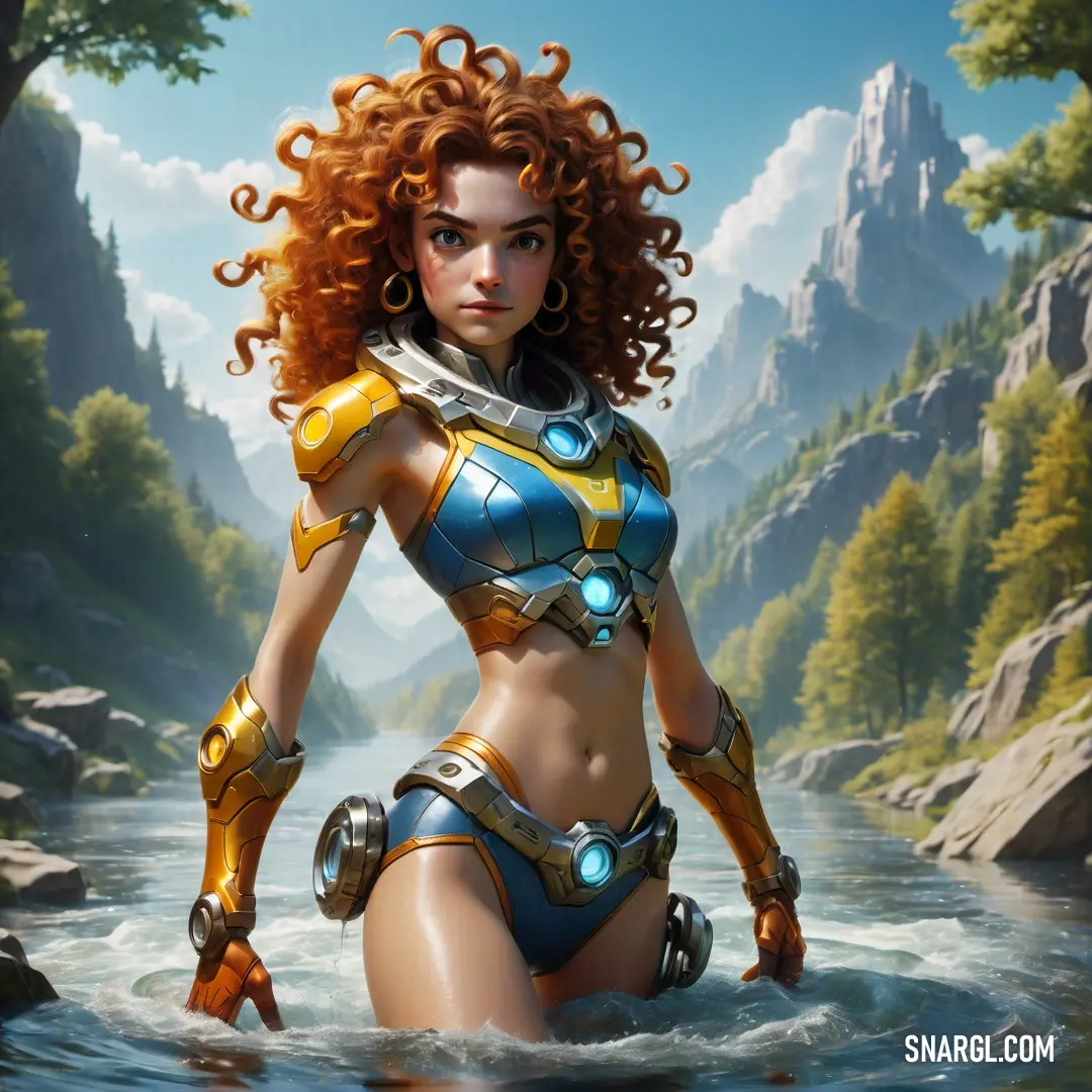 Woman in a bikini and armor standing in a river with mountains in the background. Example of CMYK 78,37,8,12 color.
