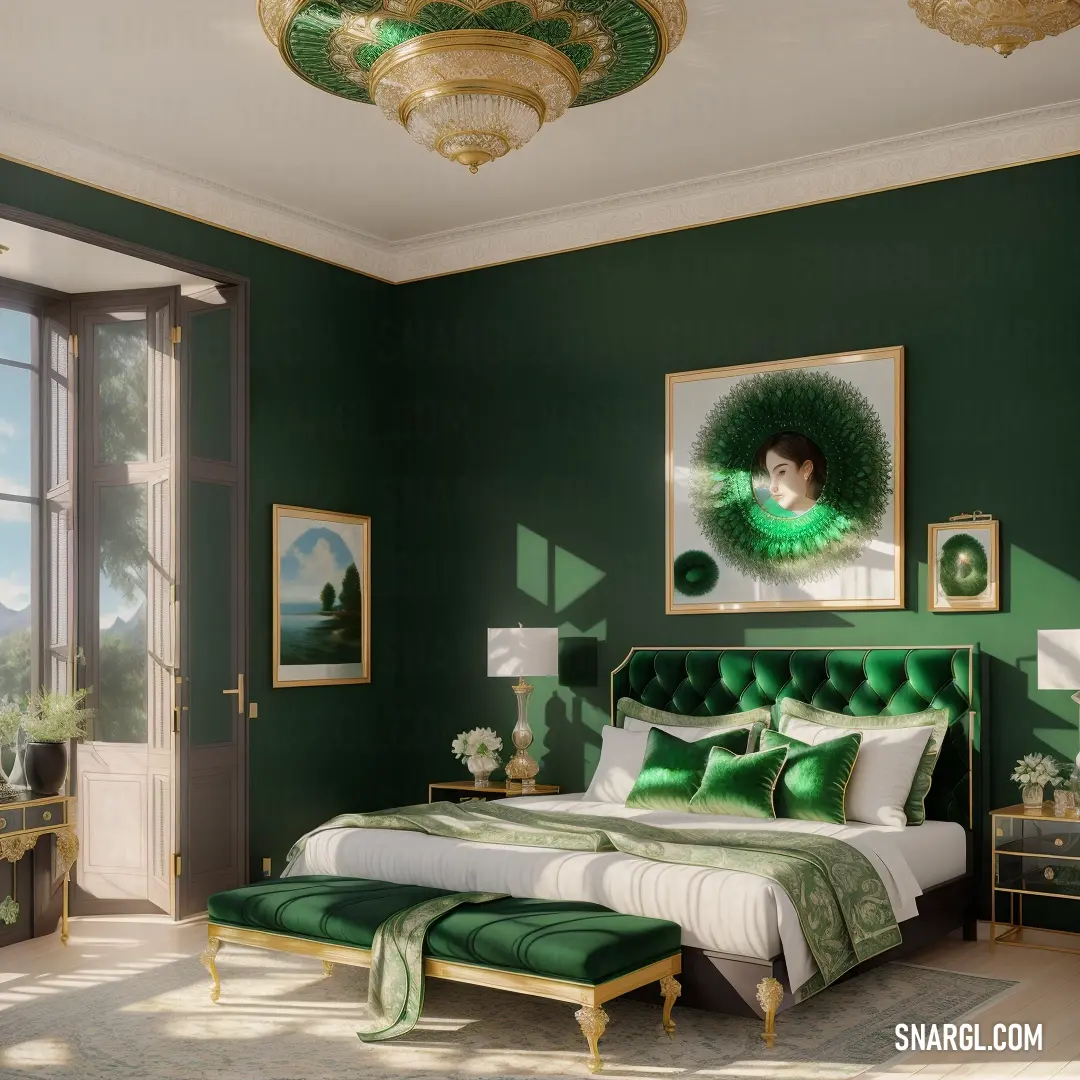 Bedroom with green walls and a green bed with a green headboard and foot board. Color RAL 240-6.