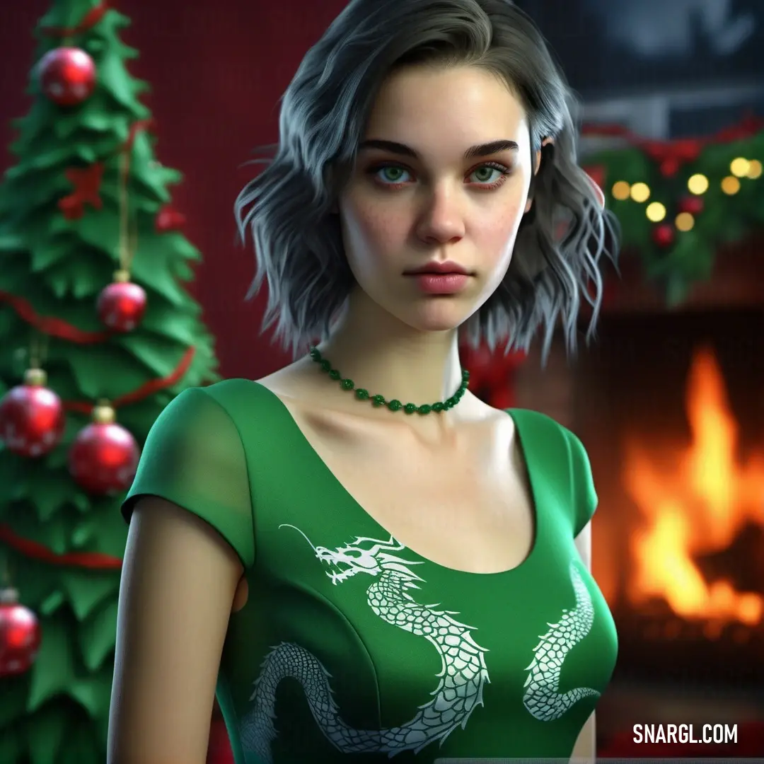 Woman in a green dress standing next to a christmas tree and a fireplace with a lit candle in it. Example of RAL 240-6 color.