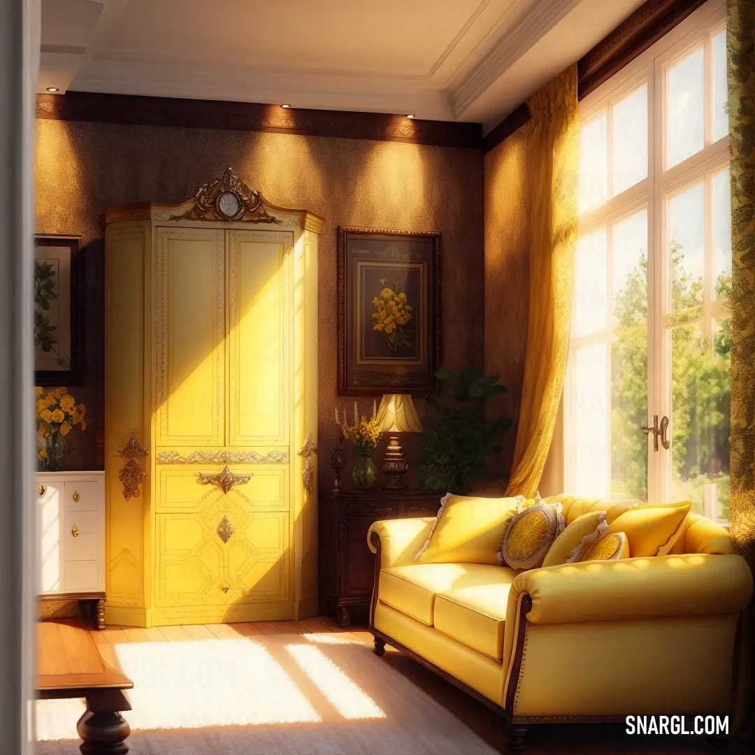 Living room with a yellow couch and a yellow cabinet in the corner of the room with a clock on the wall. Color RGB 214,190,54.