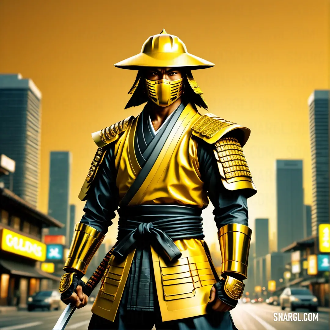 RAL 260-5 color. Man in a yellow and black outfit holding a sword in a city street with tall buildings in the background