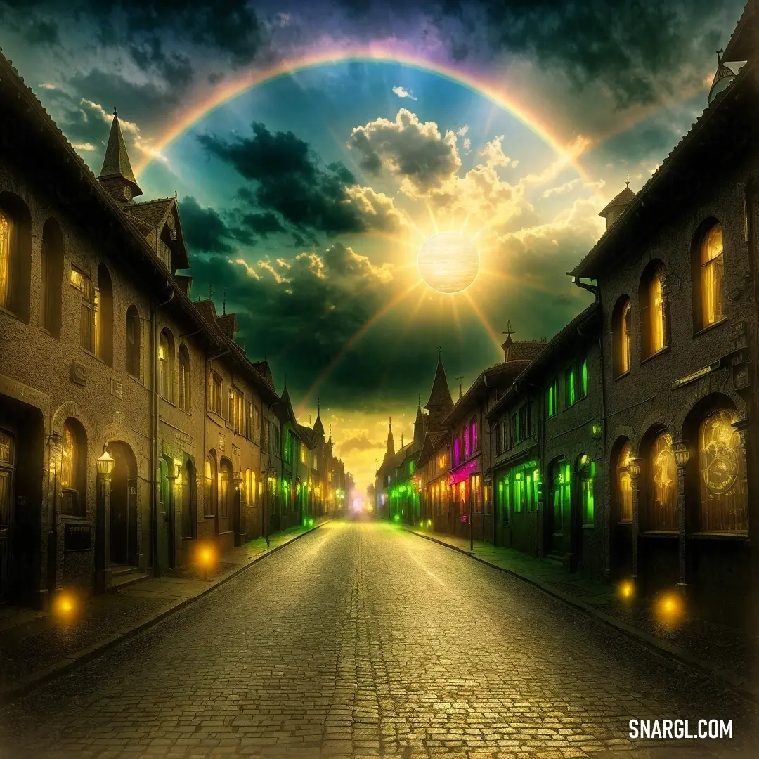 Rainbow is shining over a city street at night time with buildings and a cobblestone road leading to a clock tower
