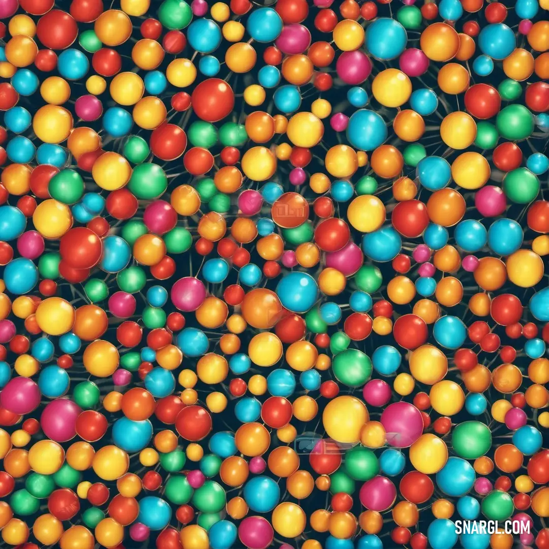Large group of colorful balls floating in the air on a black background. Example of RAL 260-5 color.