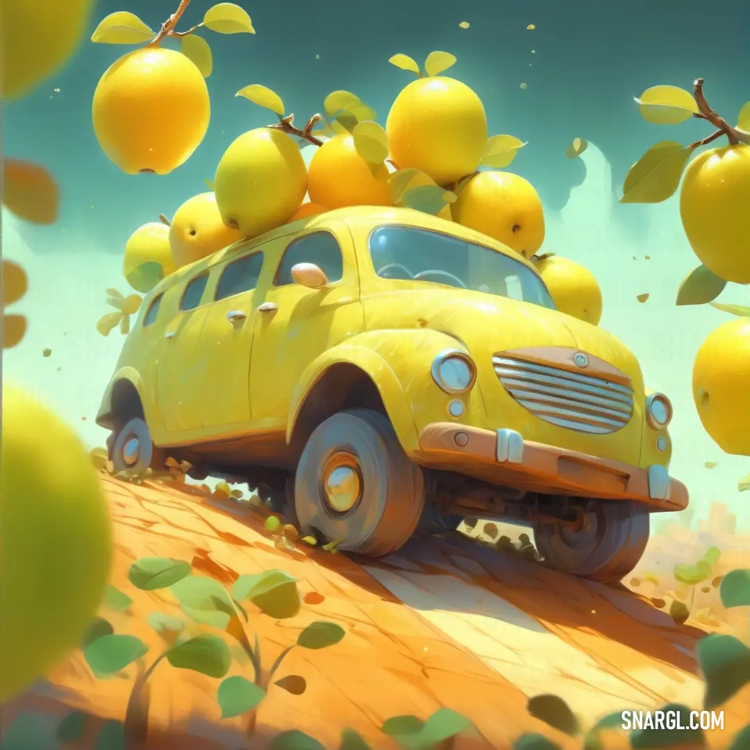 Yellow car with lemons on top of it in the desert, with a tree in the background. Example of #D6BE36 color.