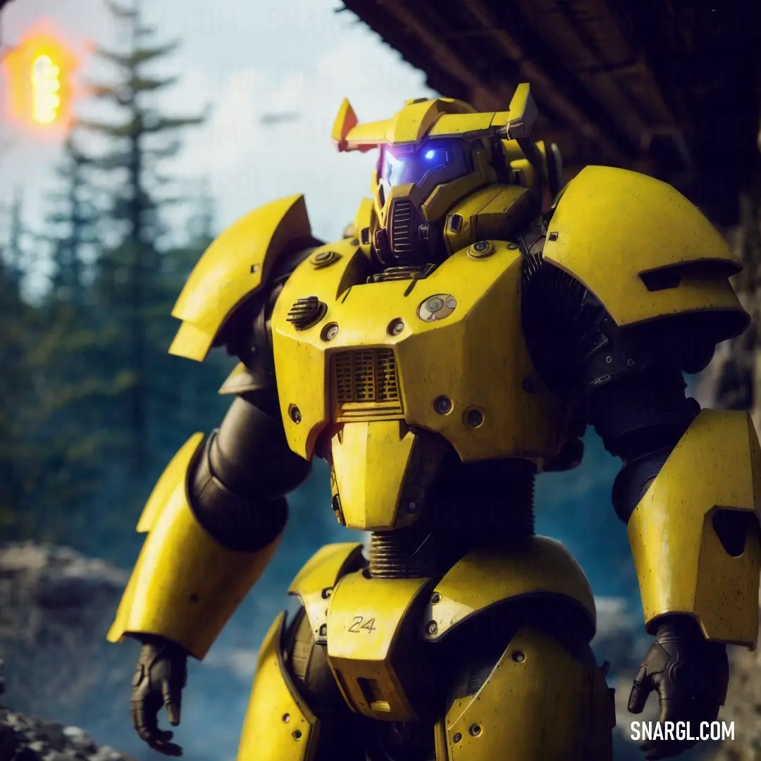 Yellow robot with a blue light on its face and a tree in the background. Color RGB 214,190,54.