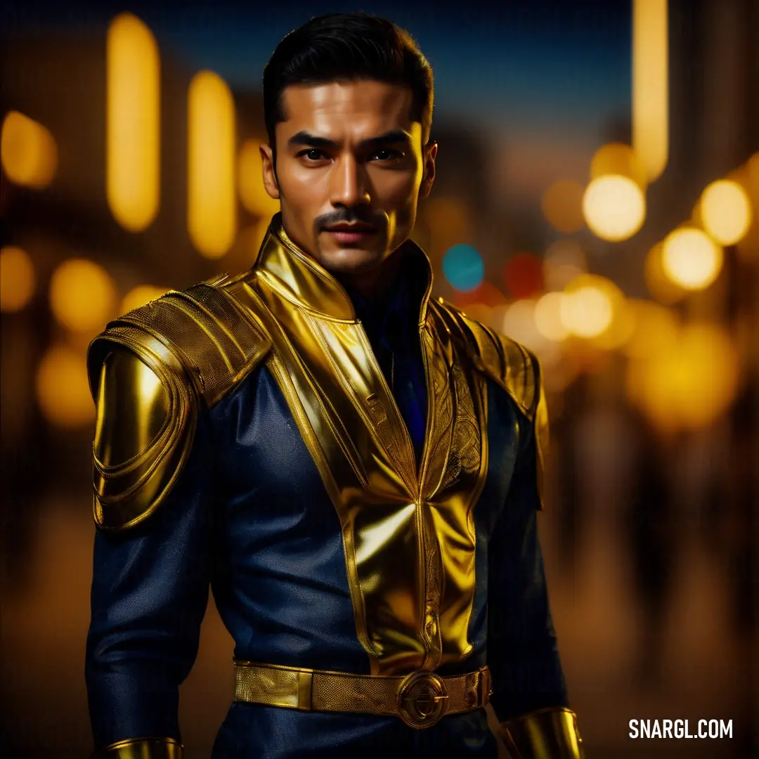 Man in a gold and blue outfit standing in a street at night with lights in the background. Example of #EFD843 color.
