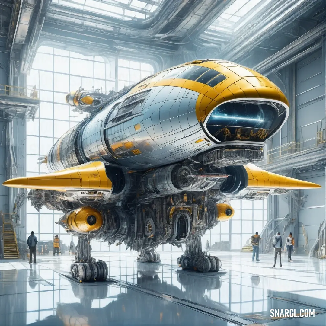 Futuristic looking building with a large yellow and silver jet engine on top of it's roof and a man standing in the background