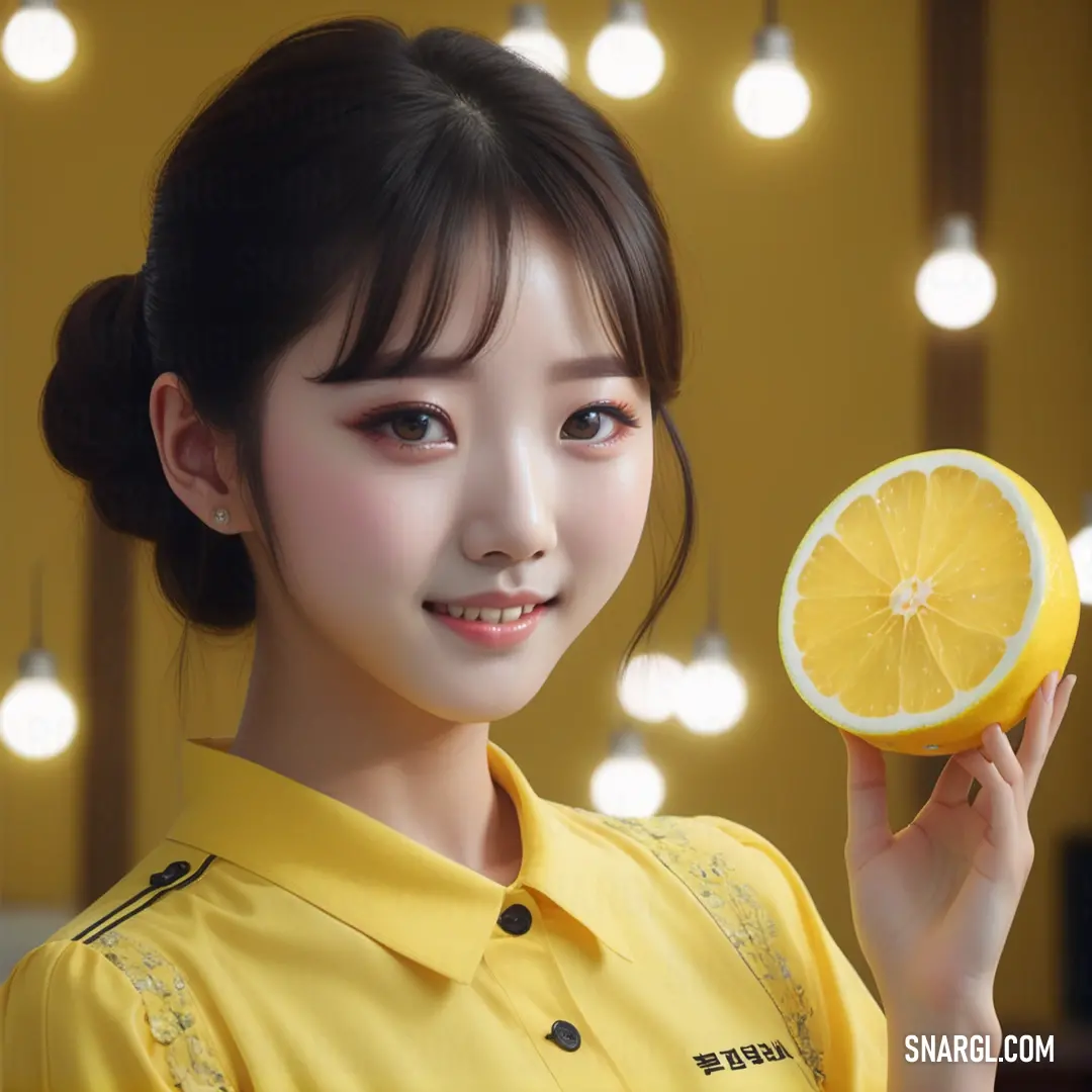 Woman holding a half of a lemon in her hand and a light in the background. Color RGB 239,216,67.