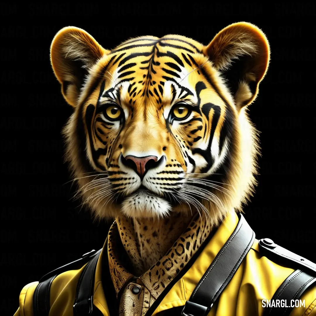 Tiger wearing a yellow shirt and black backpack. Color CMYK 0,14,93,0.