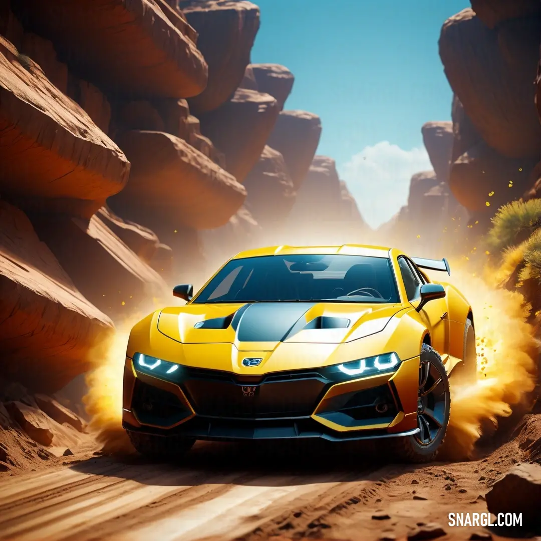 Yellow sports car driving through a desert landscape with rocks and boulders in the background. Color RGB 239,216,67.