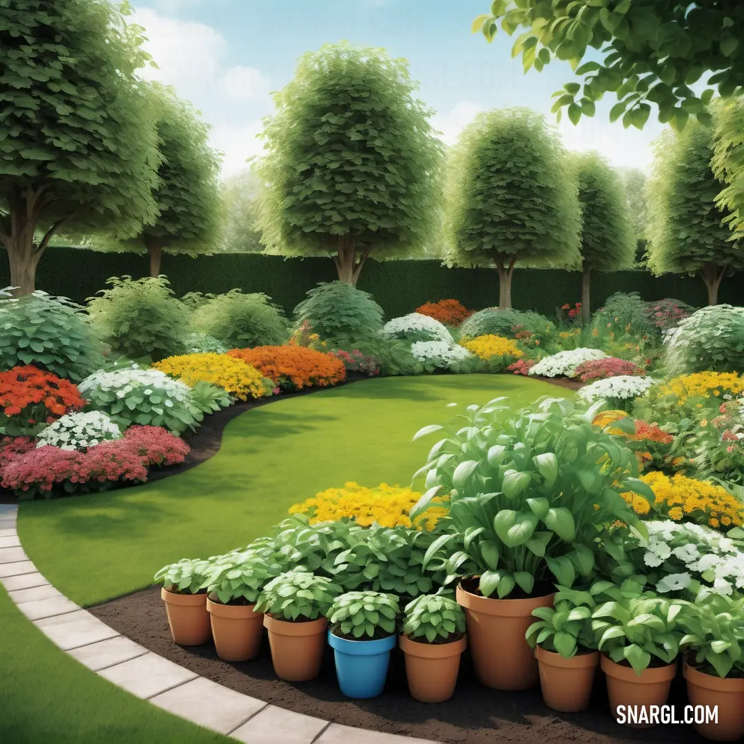Garden with many potted plants and trees in it. Example of RGB 234,202,37 color.