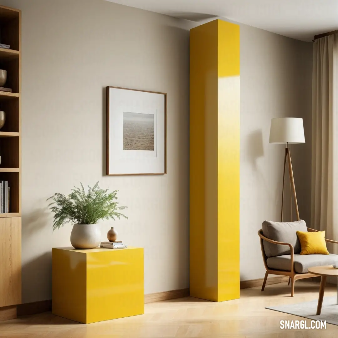 Living room with a yellow cabinet and a chair and a plant in a vase on a yellow table. Color #EACA25.