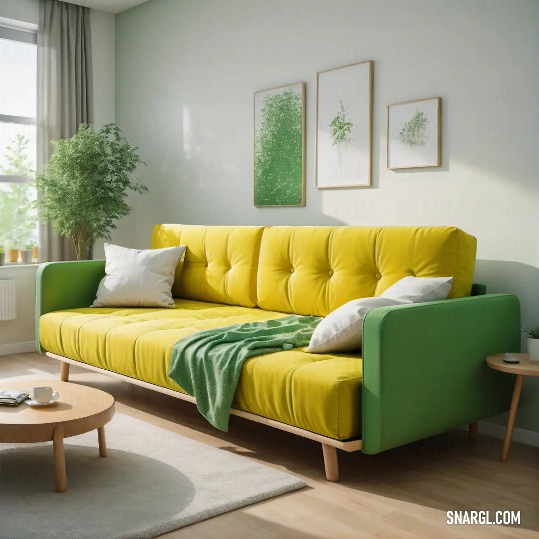 Living room with a yellow couch and a green blanket on the couch and a coffee table with a plant. Example of #EACA25 color.