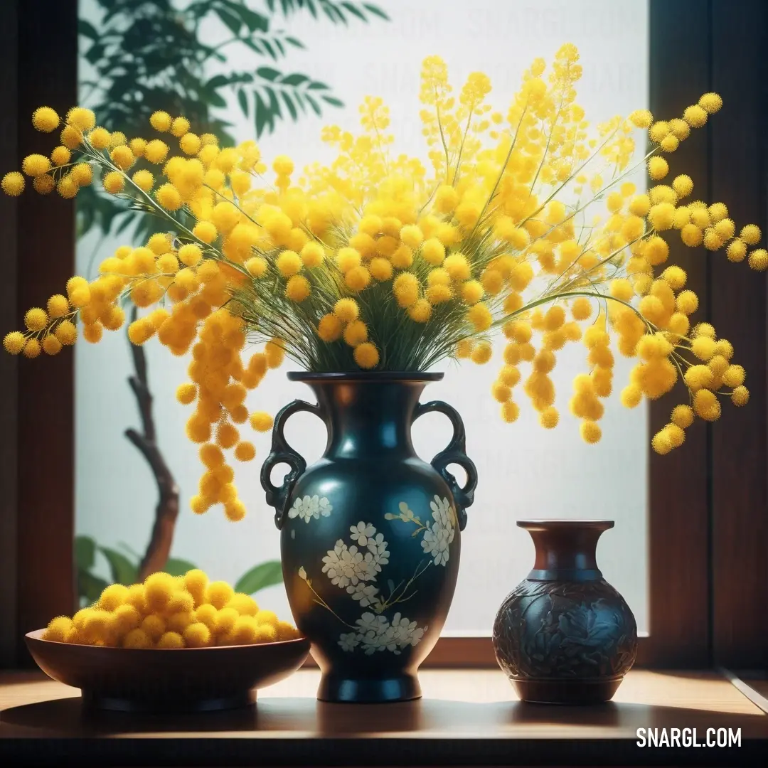 Vase with yellow flowers and a bowl of oranges on a table next to a window sill. Example of RAL 270-3 color.