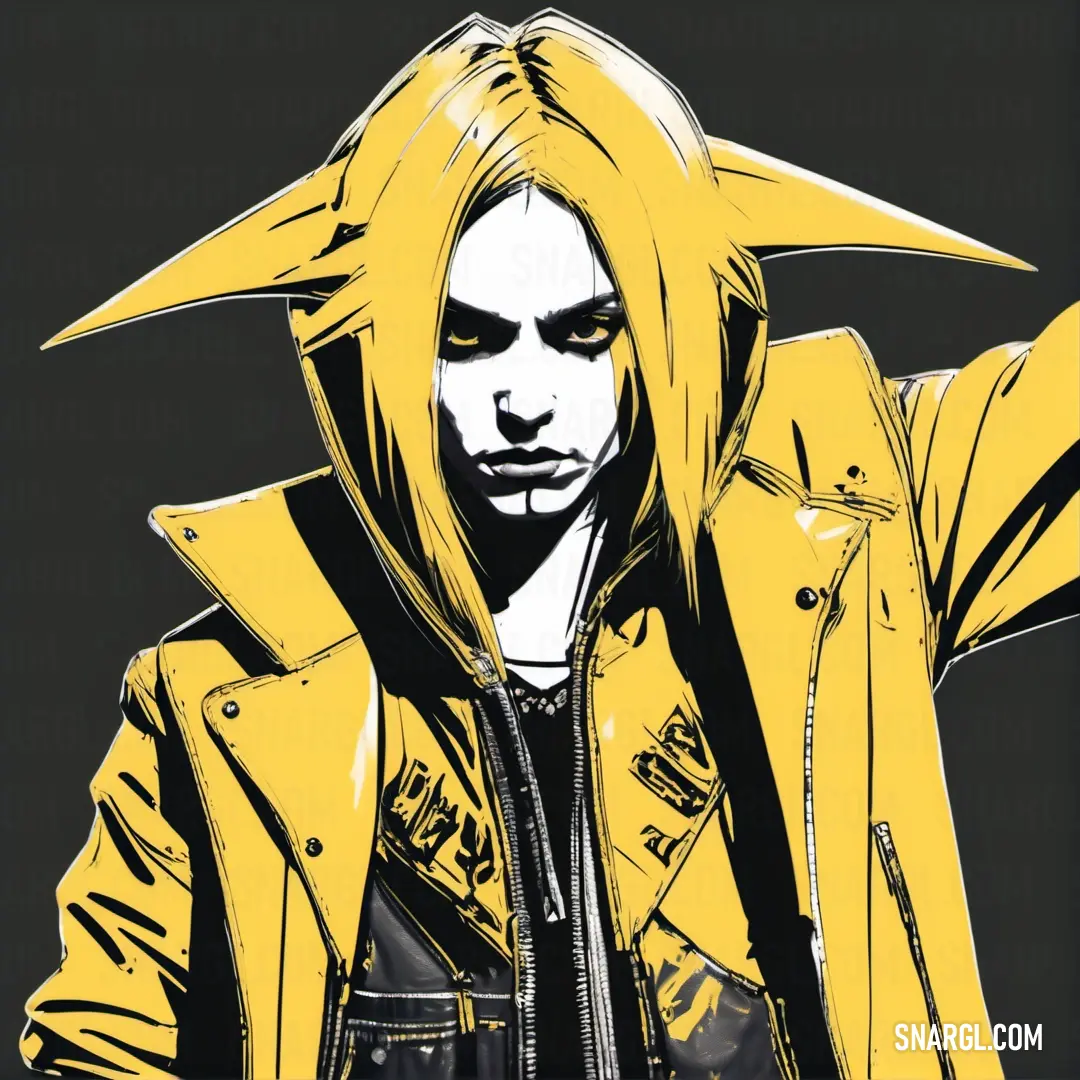Drawing of a person with a yellow jacket on and a black background. Color CMYK 16,43,90,0.