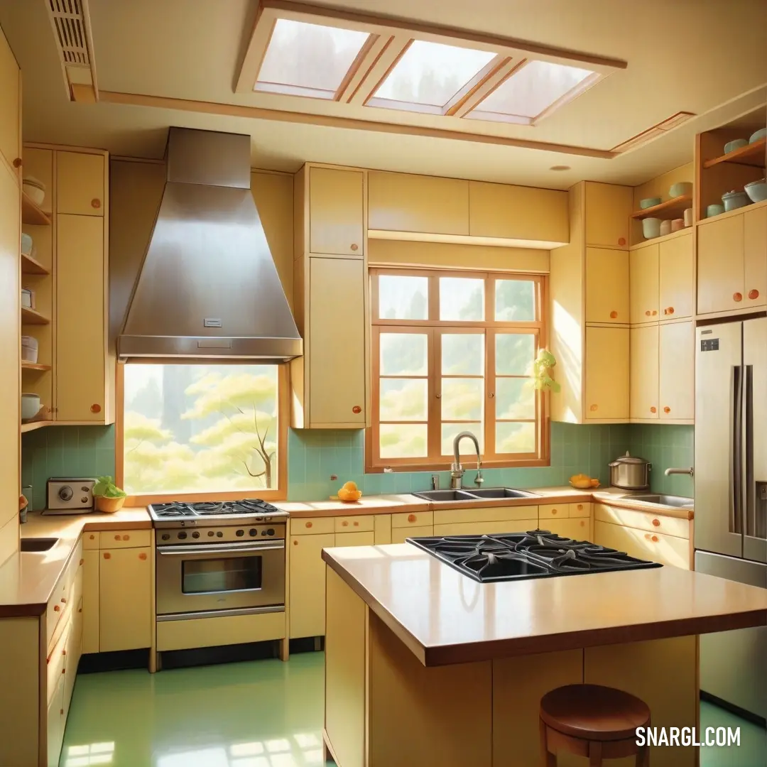 RAL 290-2 color example: Kitchen with a stove, oven and a counter top with a stool in it and a window