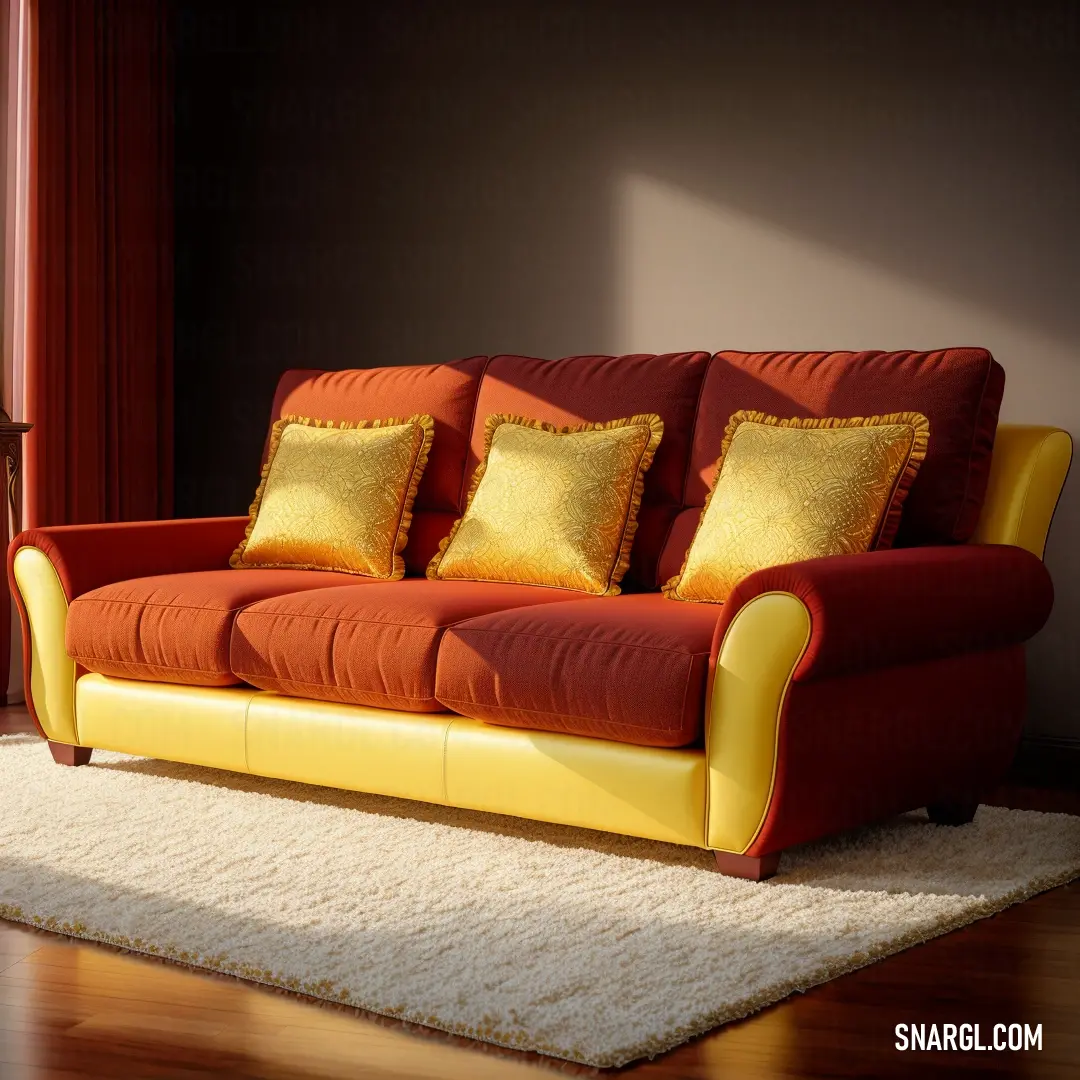 Red and yellow couch on top of a wooden floor next to a window with curtains on it. Example of RGB 189,146,68 color.