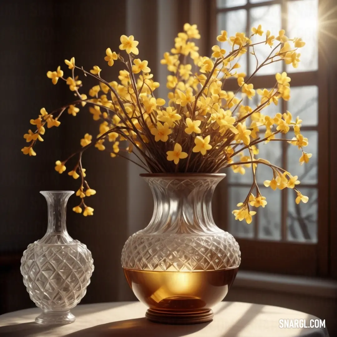 Vase with yellow flowers on a table next to a vase with yellow flowers in it and a vase. Example of #BD9244 color.