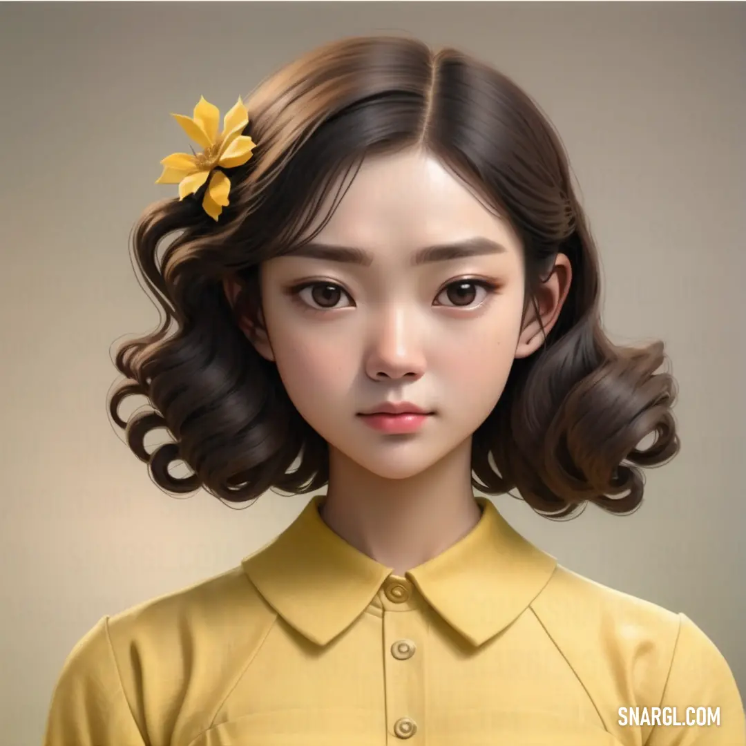 RAL 290-3 color example: Girl with a flower in her hair is shown in this digital painting style image of a young girl