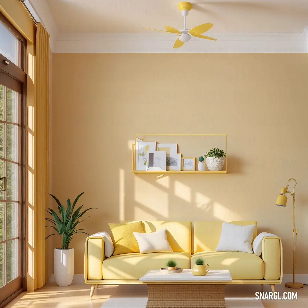 Living room with a yellow couch and a white coffee table with a plant on it and a yellow ceiling fan. Color CMYK 16,32,70,0.