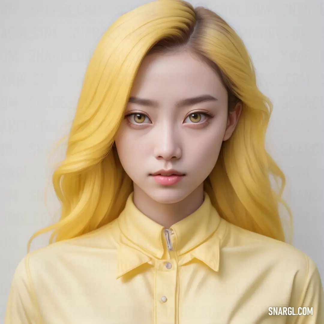 Woman with long blonde hair and a yellow shirt on a white background. Color CMYK 16,32,70,0.