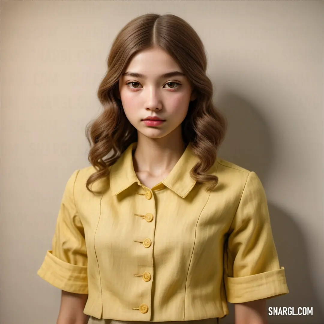 RAL 290-3 color example: Woman with long hair wearing a yellow shirt and skirt with a button down collar and a short sleeved shirt