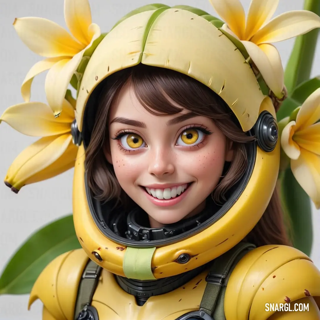 Close up of a doll wearing a yellow suit and flower headpieces and a banana plant behind her. Example of CMYK 22,47,100,10 color.