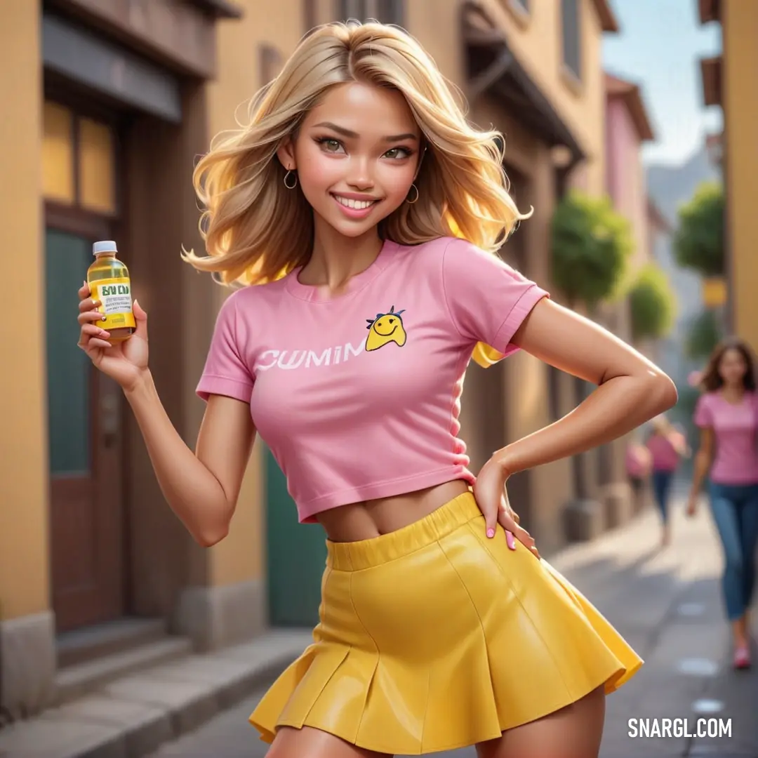 Woman in a pink shirt and yellow skirt holding a can of gummi. Example of CMYK 22,47,100,10 color.