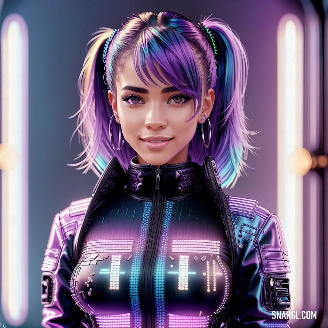 Woman with purple hair and a futuristic outfit is standing in front of a mirror with neon lights on it. Example of RGB 98,88,136 color.