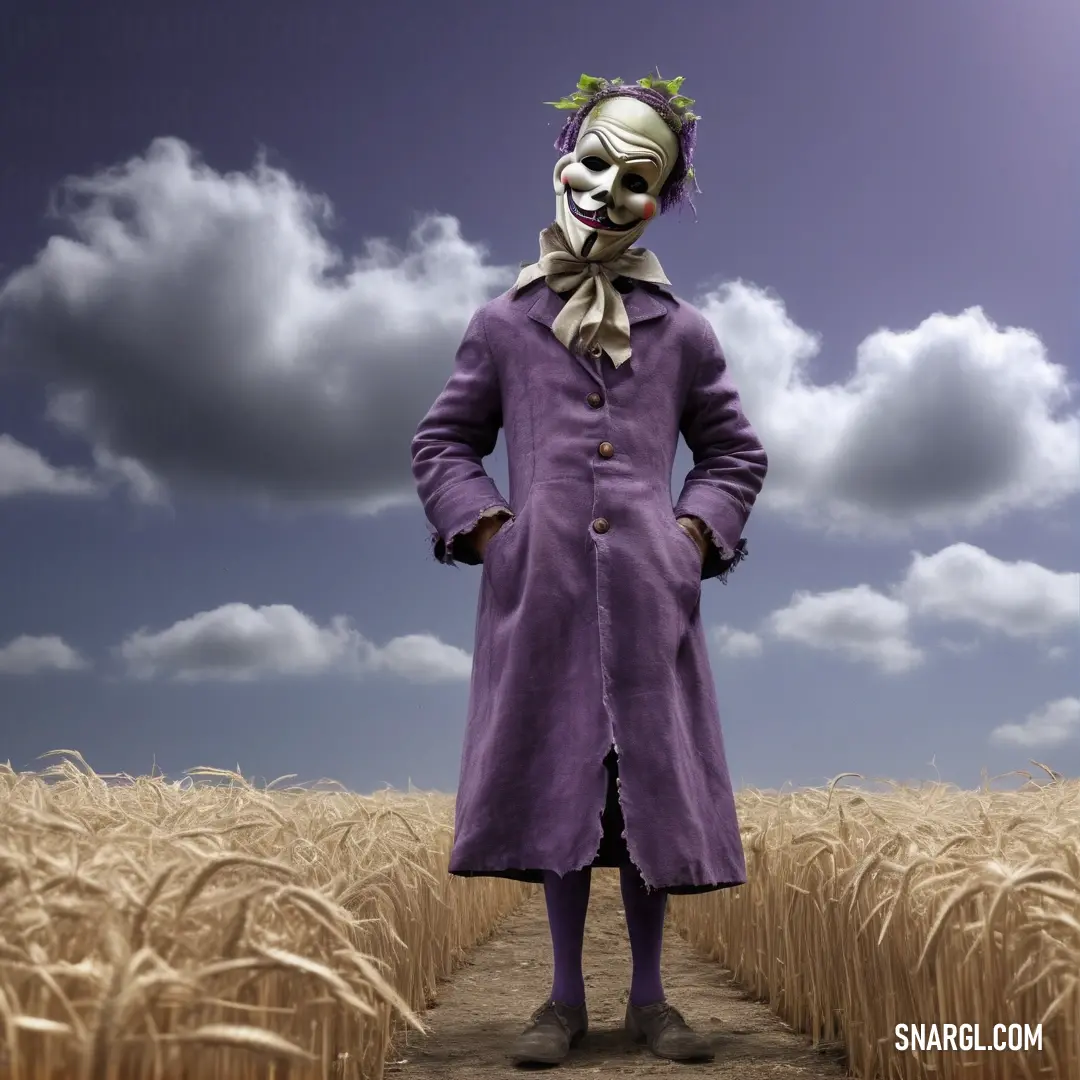 RAL 290 50 25 color. Man in a purple coat standing in a field of wheat with a creepy mask on his face