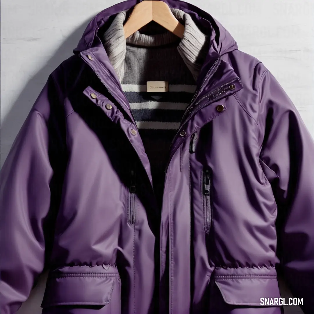Purple jacket hanging on a wooden hanger with a striped shirt underneath it. Color #7C6FA1.