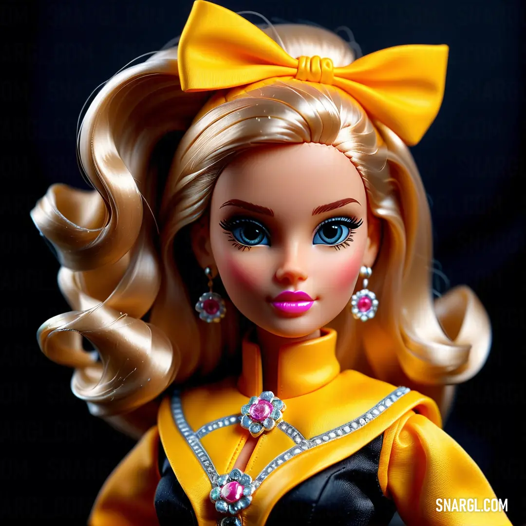 Doll with a yellow dress and a big bow on her head and a necklace on her neck. Color #F6B919.