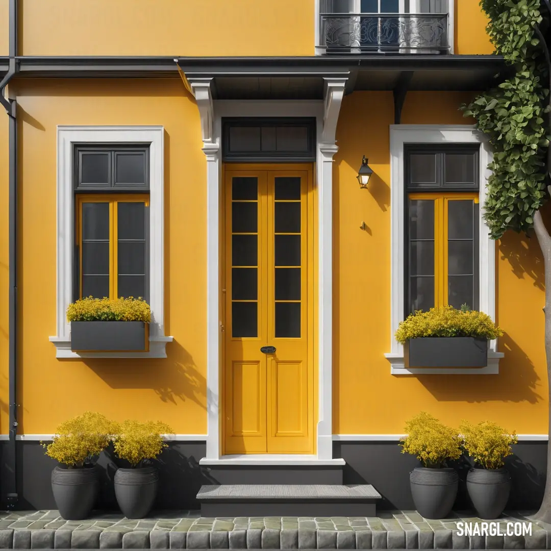 Yellow door and windows on a building with potted plants on the side of the building and a tree. Color #F6B919.
