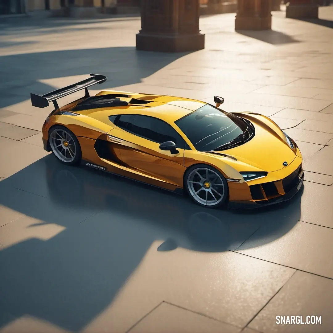 Yellow sports car parked on a city street at night time with a bright light shining on it's roof. Example of RAL 290-6 color.