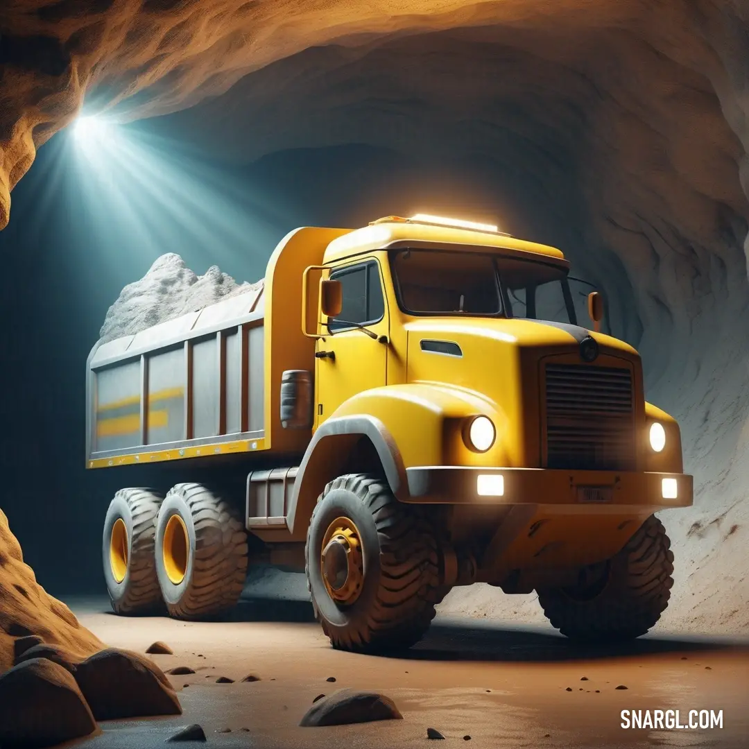 Yellow dump truck driving through a tunnel with a light on it's head and a mountain in the background. Example of RGB 246,185,25 color.