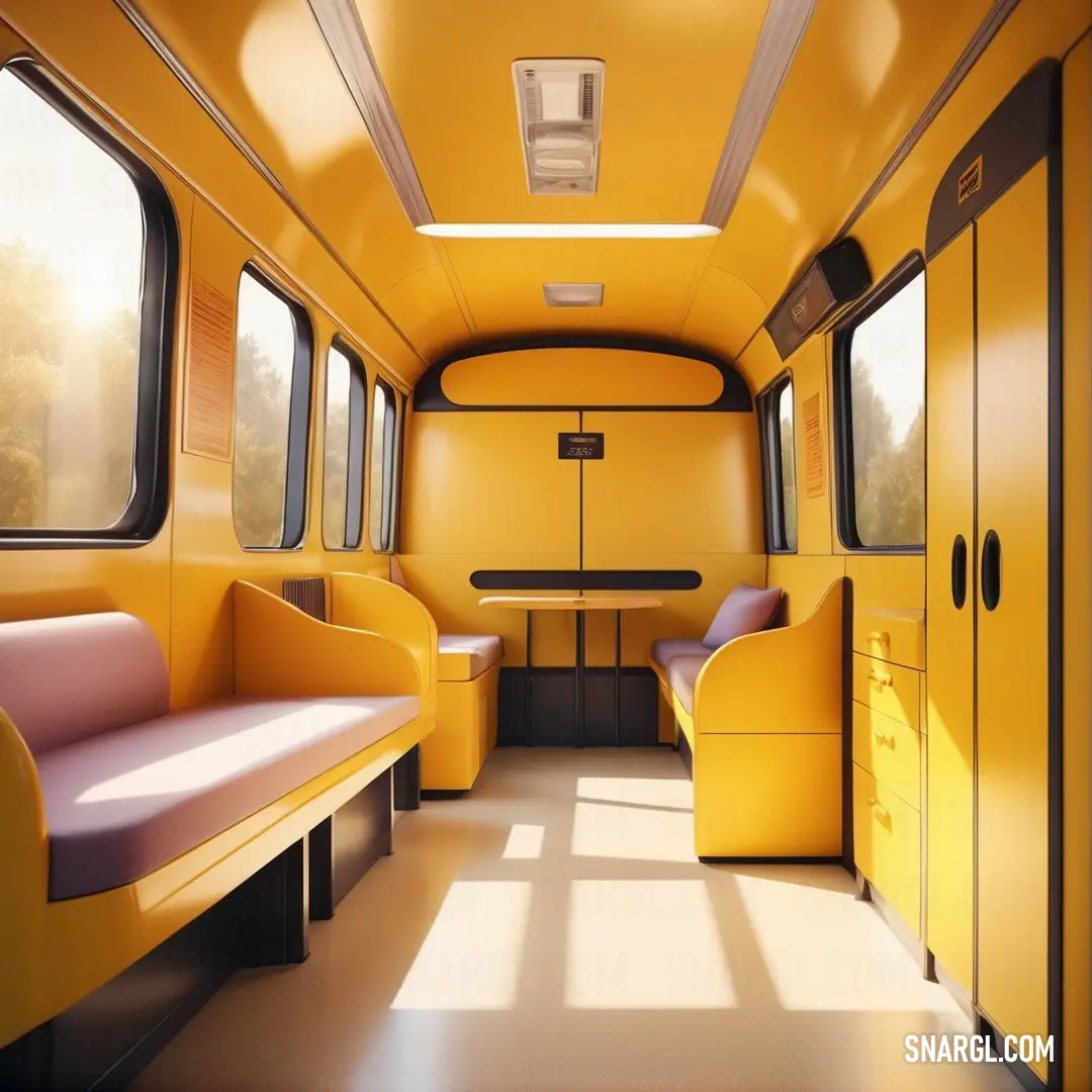 Yellow train car with a table and benches in it's center aisle and windows on the side. Example of RGB 246,185,25 color.