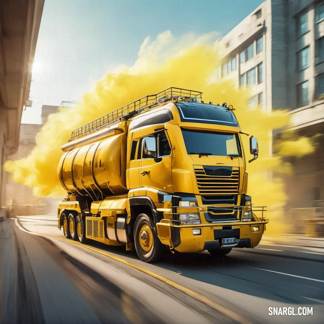 Yellow truck driving down a street next to tall buildings and a yellow cloud of smoke behind it on a sunny day