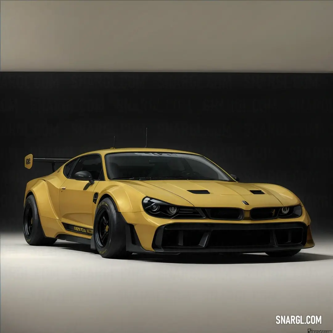 Yellow sports car is shown in a dark room with a black background. Example of #B99044 color.