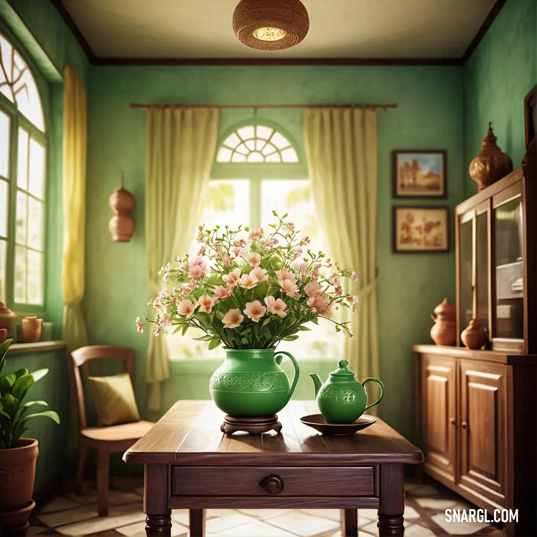 RAL 290-M color. Vase of flowers on a table in a room with green walls and a window with curtains and a table with a teapot