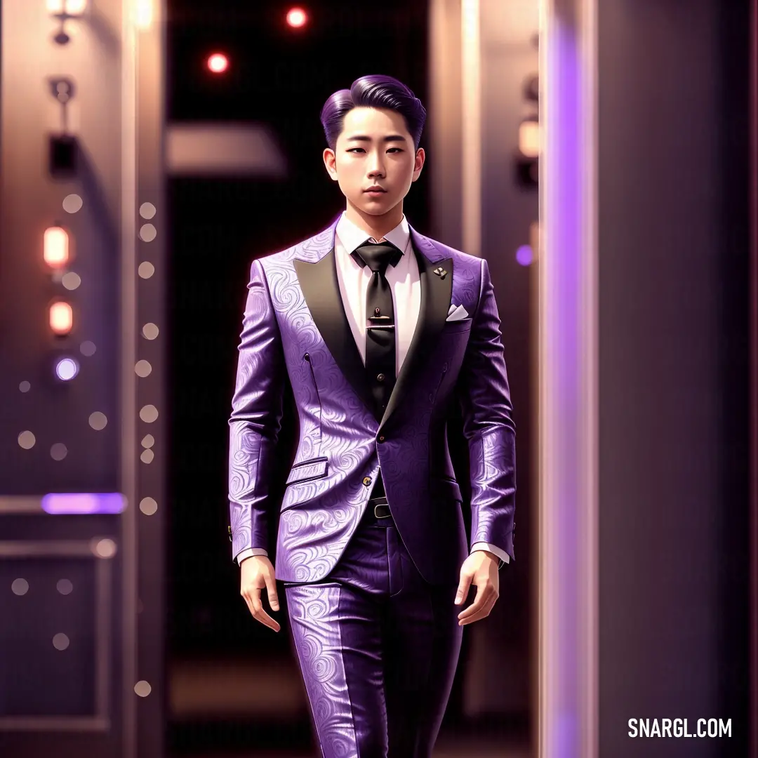 An elegant man strides confidently down an illuminated runway at night, adorned in a striking purple suit and tie. The purple light casts an alluring glow around him, enhancing the sophistication and charm of this stylish fashion moment.